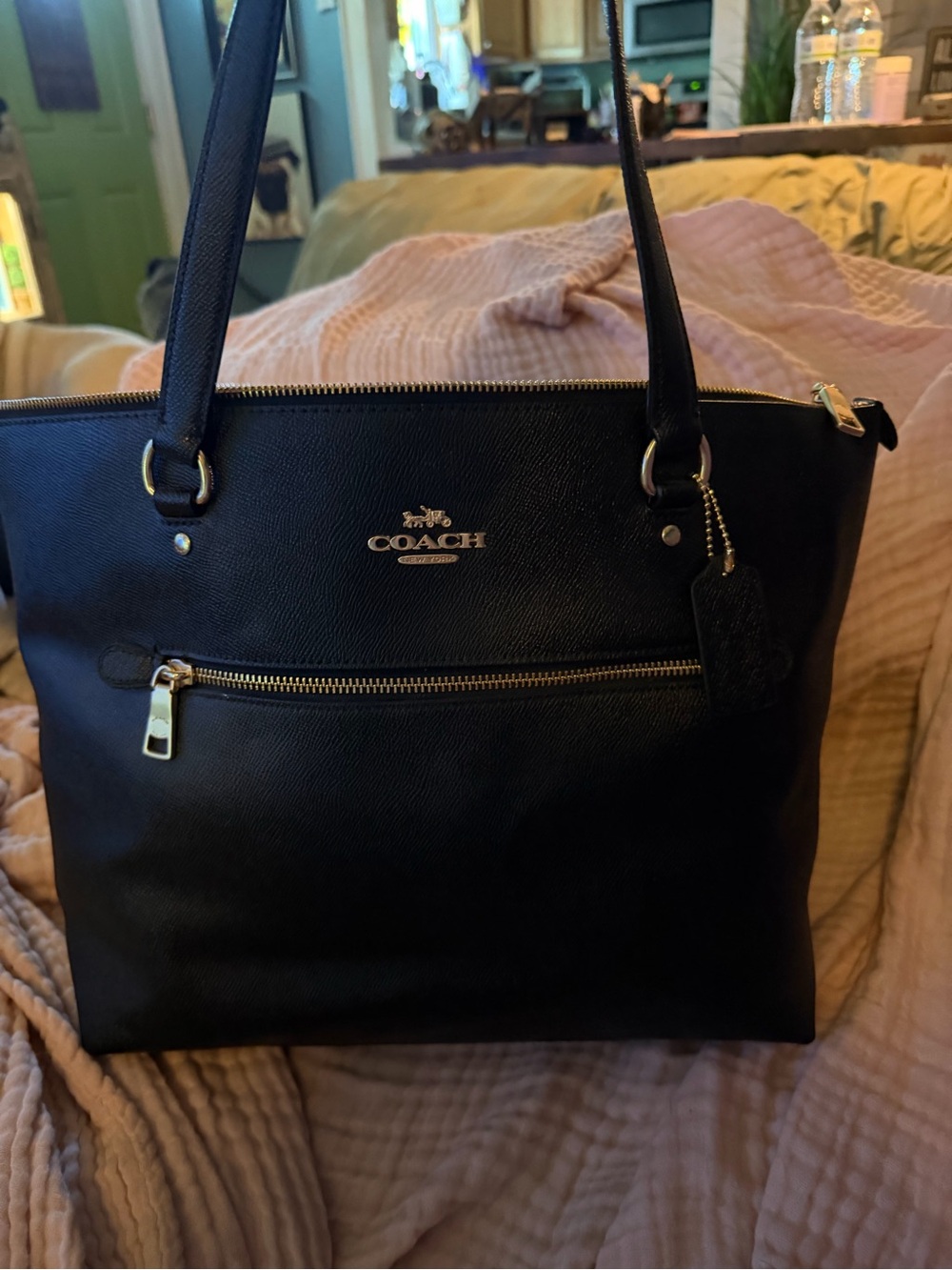Coach Black Leather Tote with Front Zip Pocket and Tag